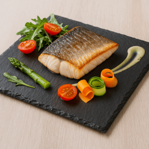 Plato de pizarra 30x30 cm con pescado al horno y verduras, emplatado gourmet para cocina de autor