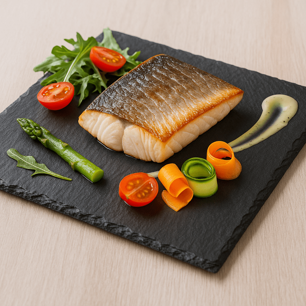 Plato de pizarra 30x30 cm con pescado al horno y verduras, emplatado gourmet para cocina de autor