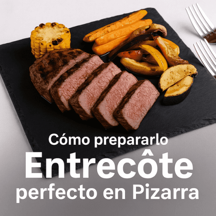 entrecot al punto fileteado con patatas, judías verdes y puré sobre plato de pizarra natural rectangular de 40x20 cm