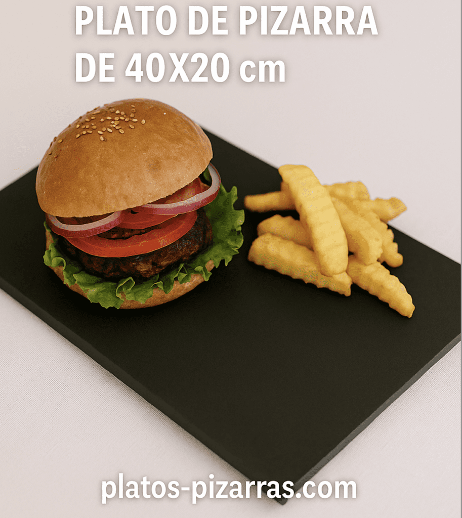 Plato de pizarra natural 40x20 cm para hamburguesa con patatas fritas y ensalada