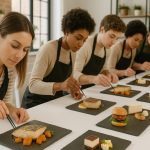 Personas emplatando sobre platos de pizarra natural en un encuentro para participar en el Club Pizarrear.