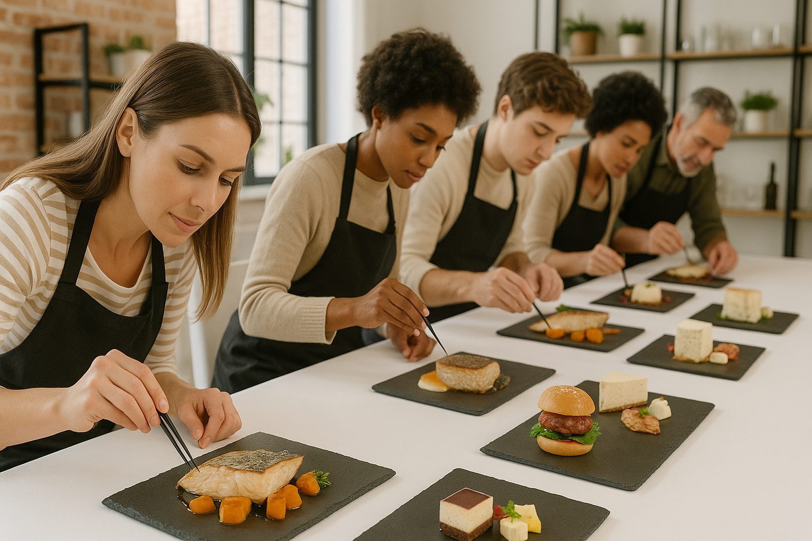 Personas emplatando sobre platos de pizarra natural en un encuentro para participar en el Club Pizarrear.