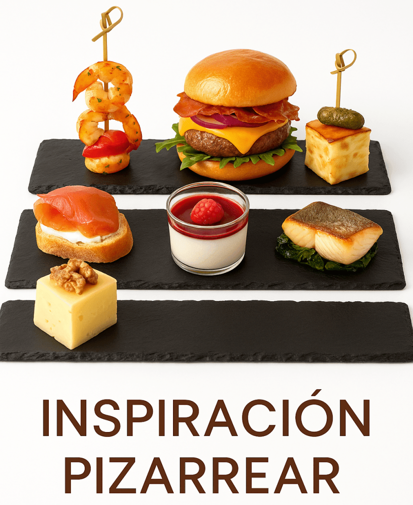 Platos creativos presentados sobre bandejas de pizarra natural en diferentes formatos para Inspiración Pizarrear.