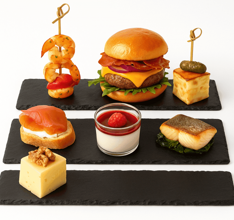 Platos creativos presentados sobre bandejas de pizarra natural en diferentes formatos para Inspiración Pizarrear.