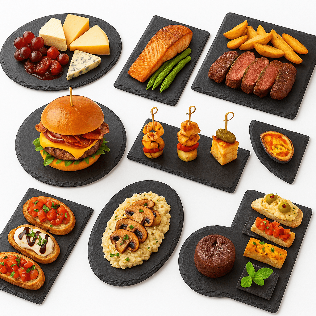 Varias presentaciones culinarias sobre platos de pizarra natural, incluyendo hamburguesa, salmón, tapas, pinchos y postres, para Inspiración Pizarrear.