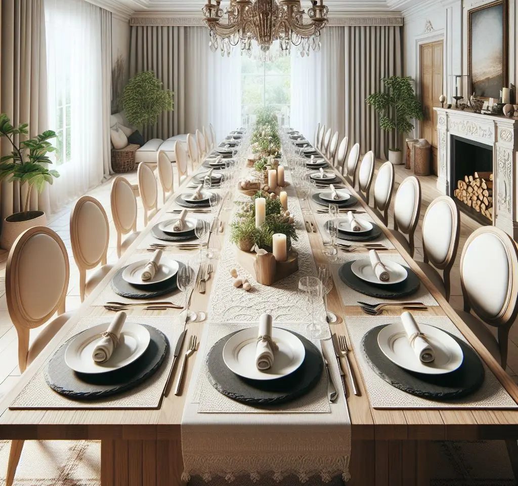 Bajo plato de pizarra natural sobre mantel blanco, ideal para mesas elegantes y presentaciones de alta gama