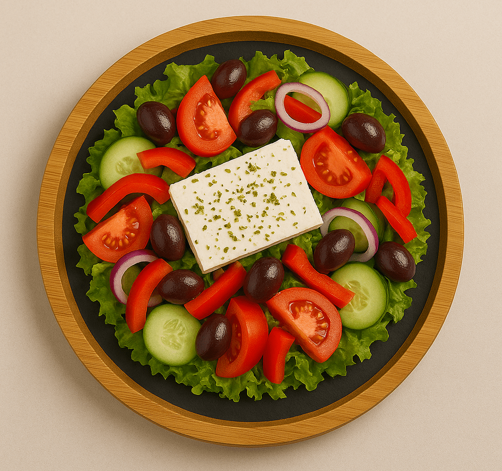 Bandeja de pizarra con base de madera de bambú de 28 cm con ensalada de tomate, hojas verdes y queso fresco