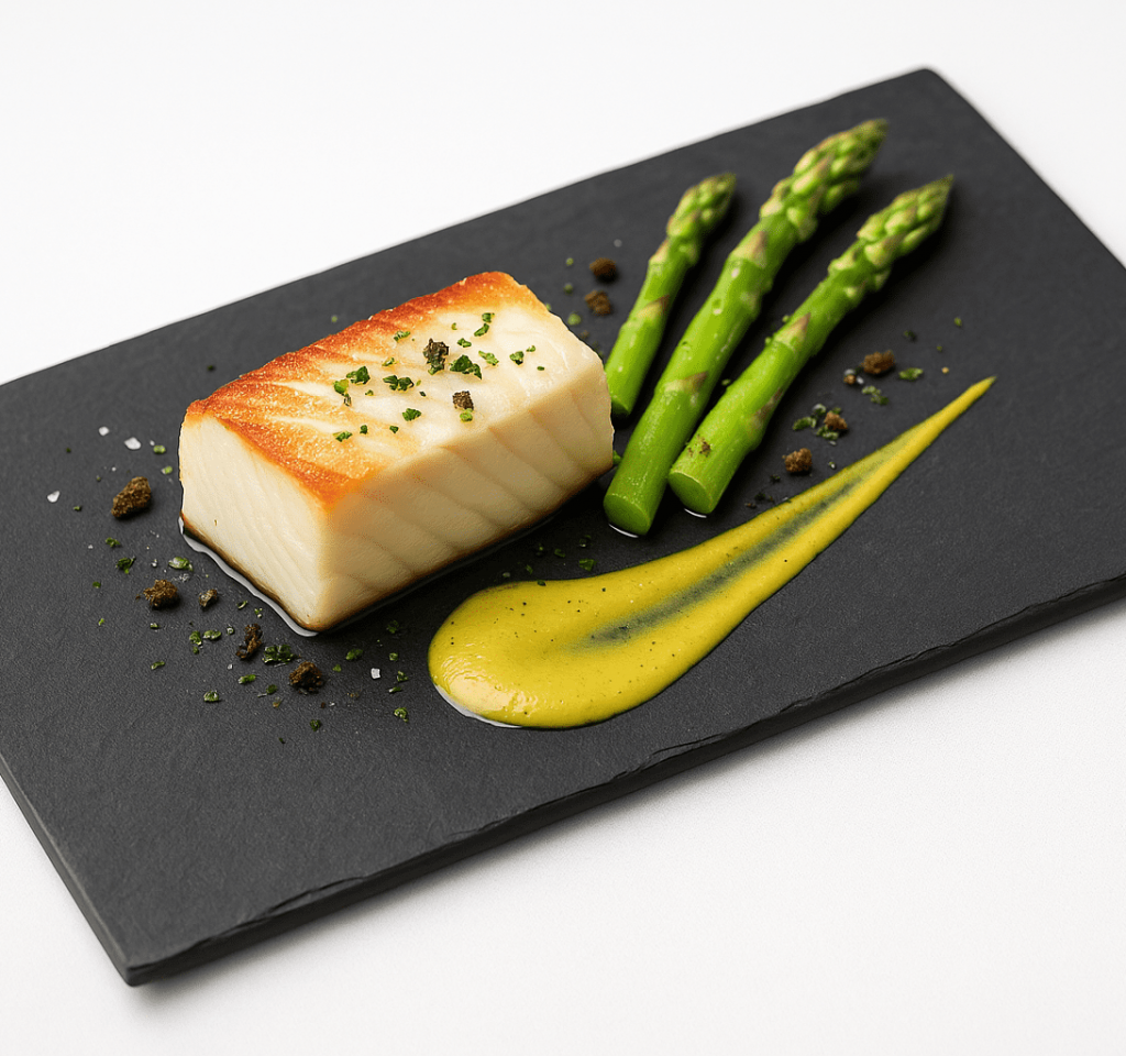 Bandeja de pizarra natural de 35x25 cm, fina con cortes biselados, presentación gourmet de merluza con espárragos y guarnición