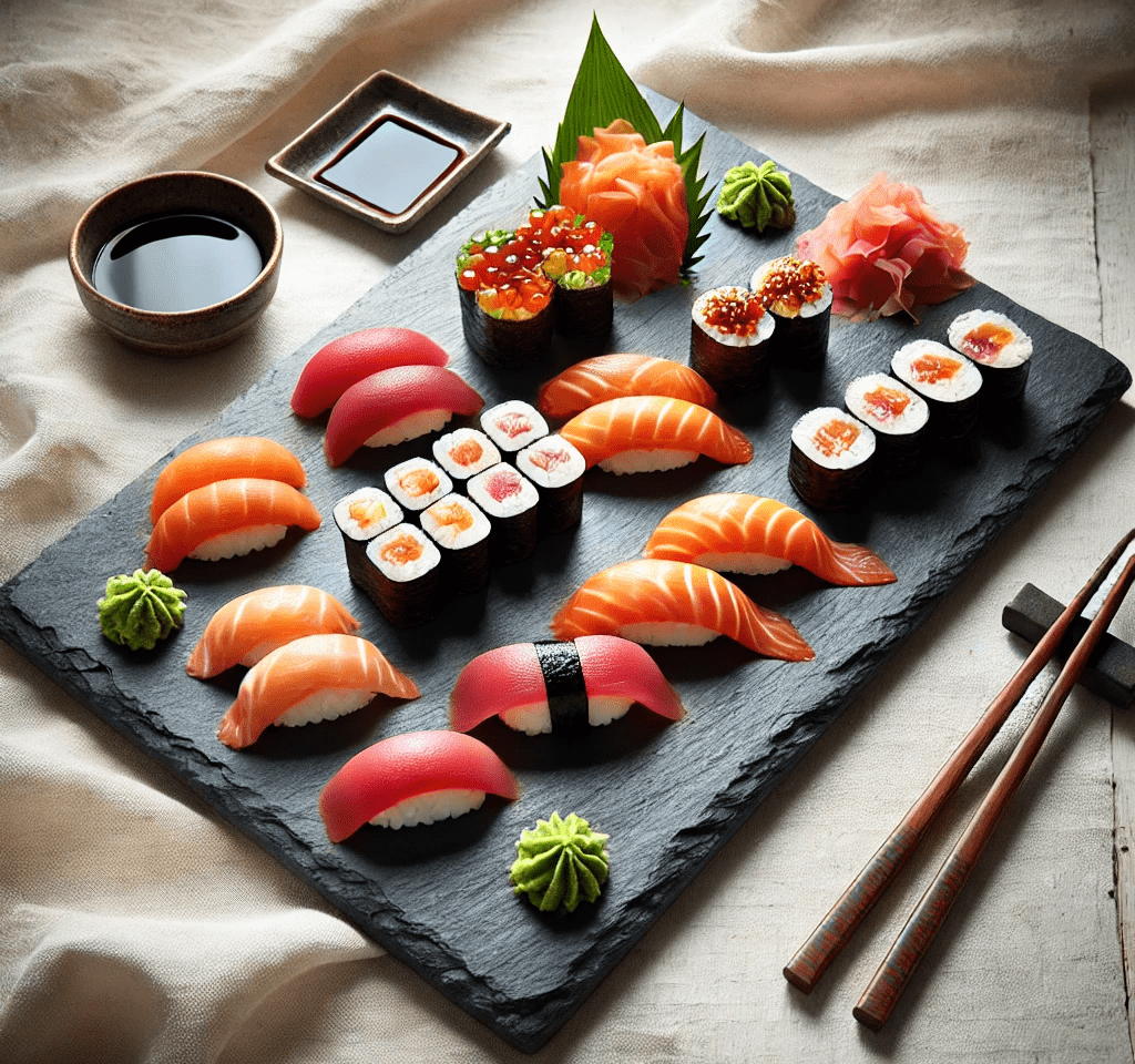 bandeja de pizarra natural rectangular con sushi y salsa de soja