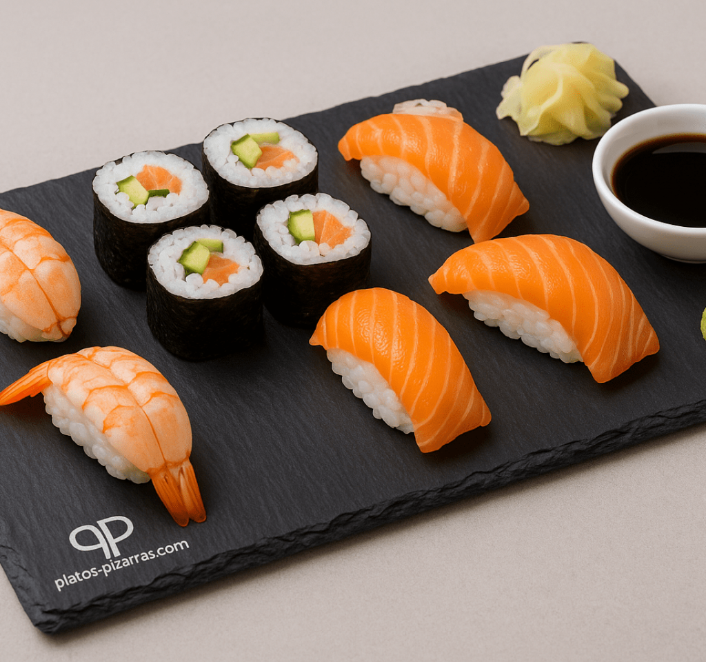 Bandeja de pizarra natural de 35 × 20 cm con presentación de sushi y salsas, ideal para servir en la mesa