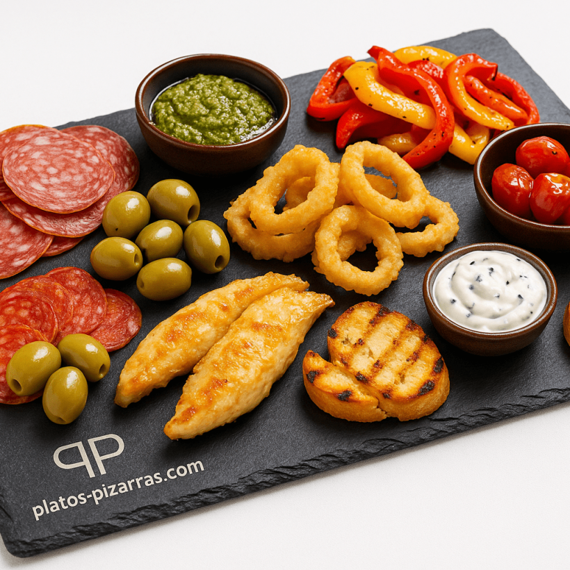 Bandeja de pizarra natural de 40 × 30 cm con aperitivos y tapas mediterráneos coloridos: aceitunas, calamares, pimientos, salami y salsas