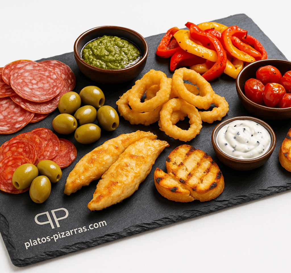 Bandeja de pizarra natural de 40 × 30 cm con aperitivos y tapas mediterráneos coloridos: aceitunas, calamares, pimientos, salami y salsas