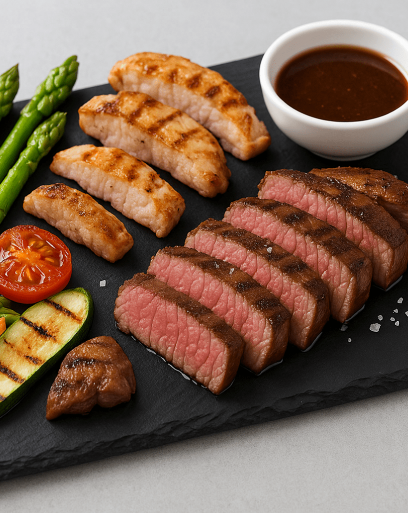 Bandeja de pizarra natural de 50 × 38 cm con presentación gourmet de solomillo, carnes variadas, verduras y un bol de salsa