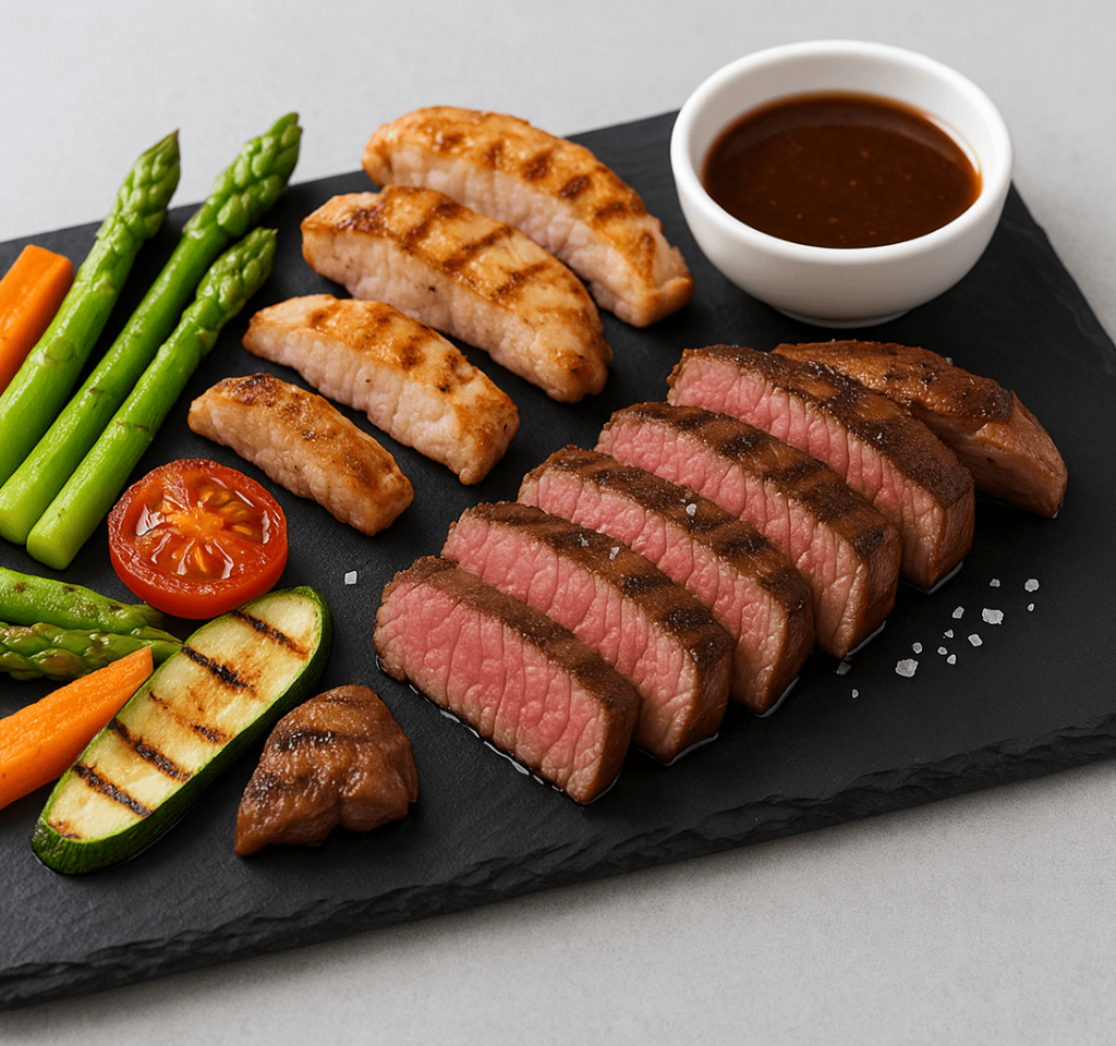 Bandeja de pizarra natural de 50 × 38 cm con presentación gourmet de solomillo, carnes variadas, verduras y un bol de salsa