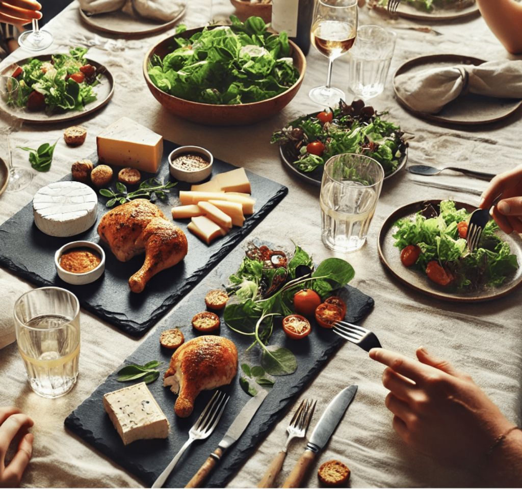 Reunion de amigos comiendo con Presentación de alimentos en bandejas de pizarra natural con pollo ensaladas y quesos