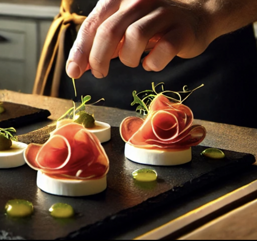 Chef presentando entrantes sobre platos de pizarra natural de forma gourmet