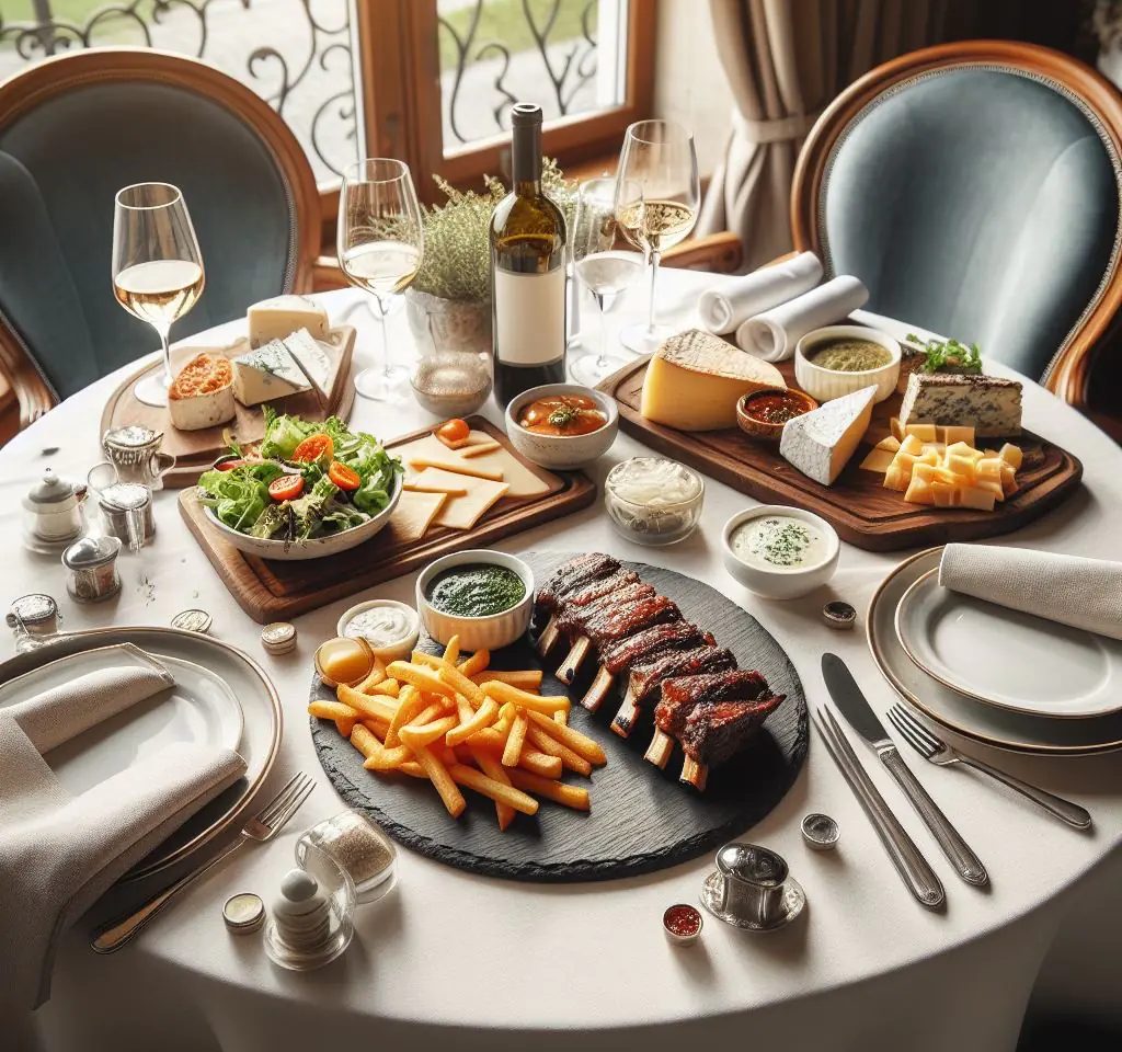 mesa elegante con platos de pizarra natural con carnes y aperitivos