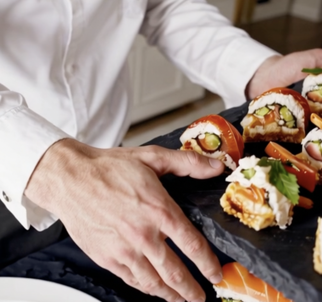 camarero sirviendo sushi en platos de pizarra natural