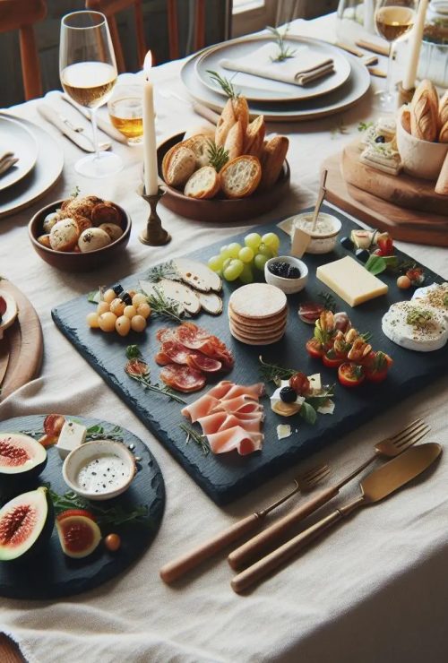 mesa elegante con platos de pizarra natural con carnes y aperitivos