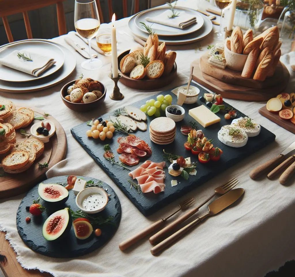mesa elegante con platos de pizarra natural con carnes y aperitivos