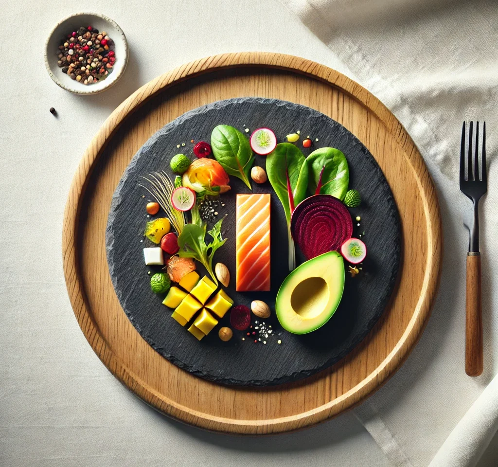 Plato de pizarra natural redondo con base de madera de bambu con ensalada y salmon