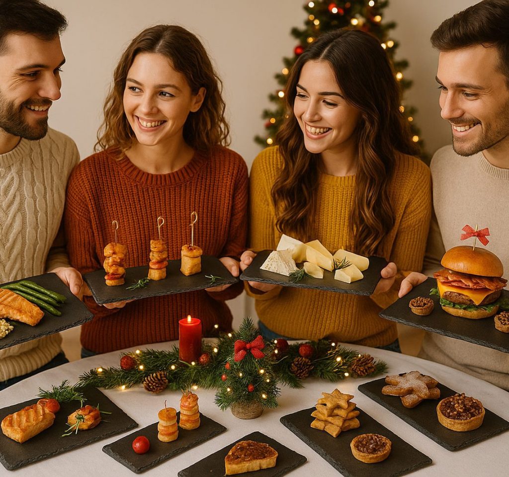 Grupo de personas presentando platos navideños emplatados sobre pizarra natural para el Reto Pizarrear de diciembre.