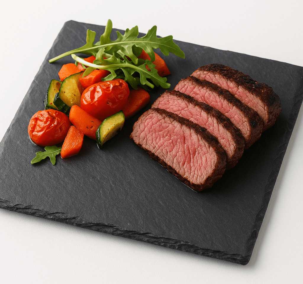 Plato cuadrado de pizarra natural de 20x20 cm con carne asada y verduras, ideal para presentaciones principales en hostelería