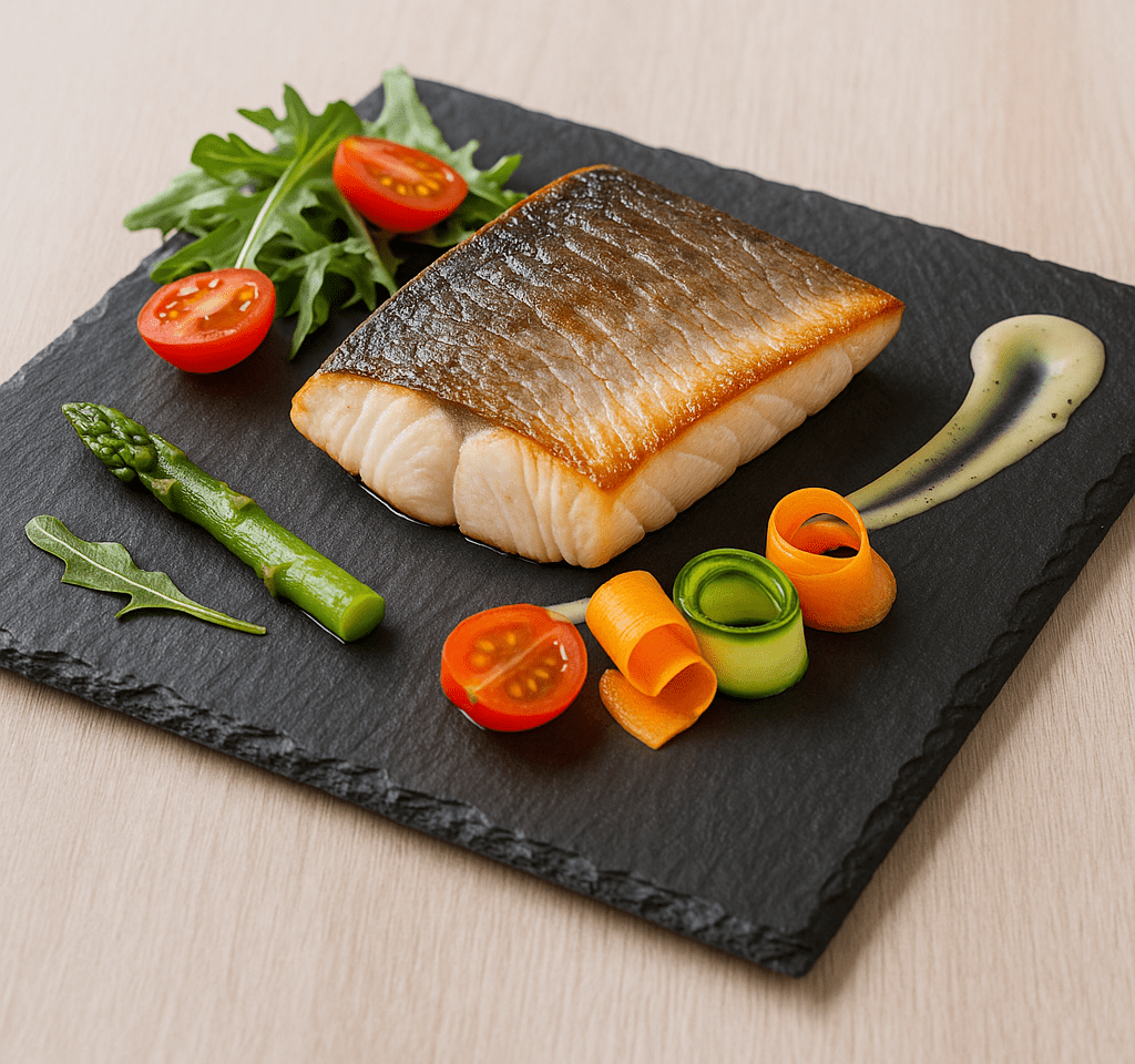 Plato de pizarra 30x30 cm con pescado al horno y verduras, emplatado gourmet para cocina de autor