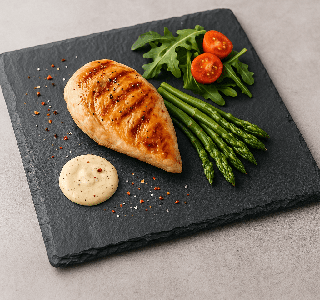 Plato de pizarra 30x30 cm con presentación de pollo, tomateros cherry-esparragos- recula, ideal para tablas gourmet