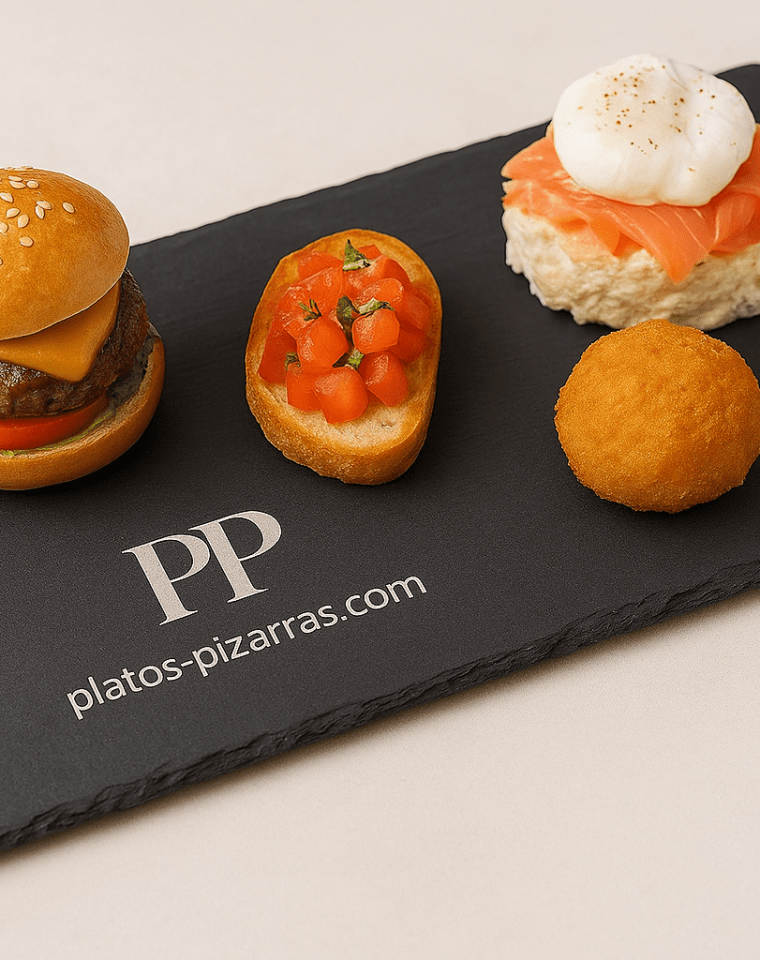 Plato Pizarra Natural elegante con grabación láser. Presentación tapas variadas