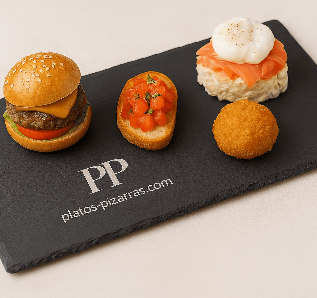 Plato Pizarra Natural elegante con grabación láser. Presentación tapas variadas