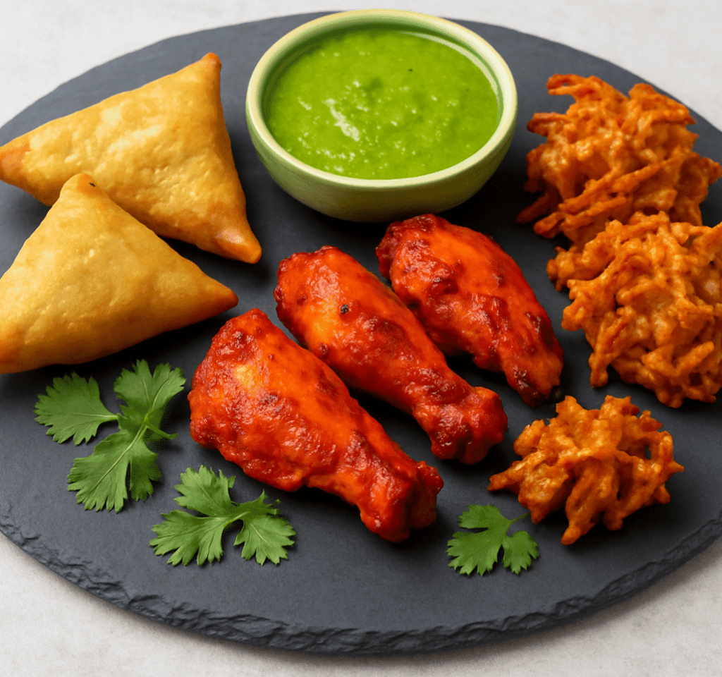 Entrantes indios: samosas, tandoori chicken y bhajis en plato de pizarra natural de 29 cm con salsa verde
