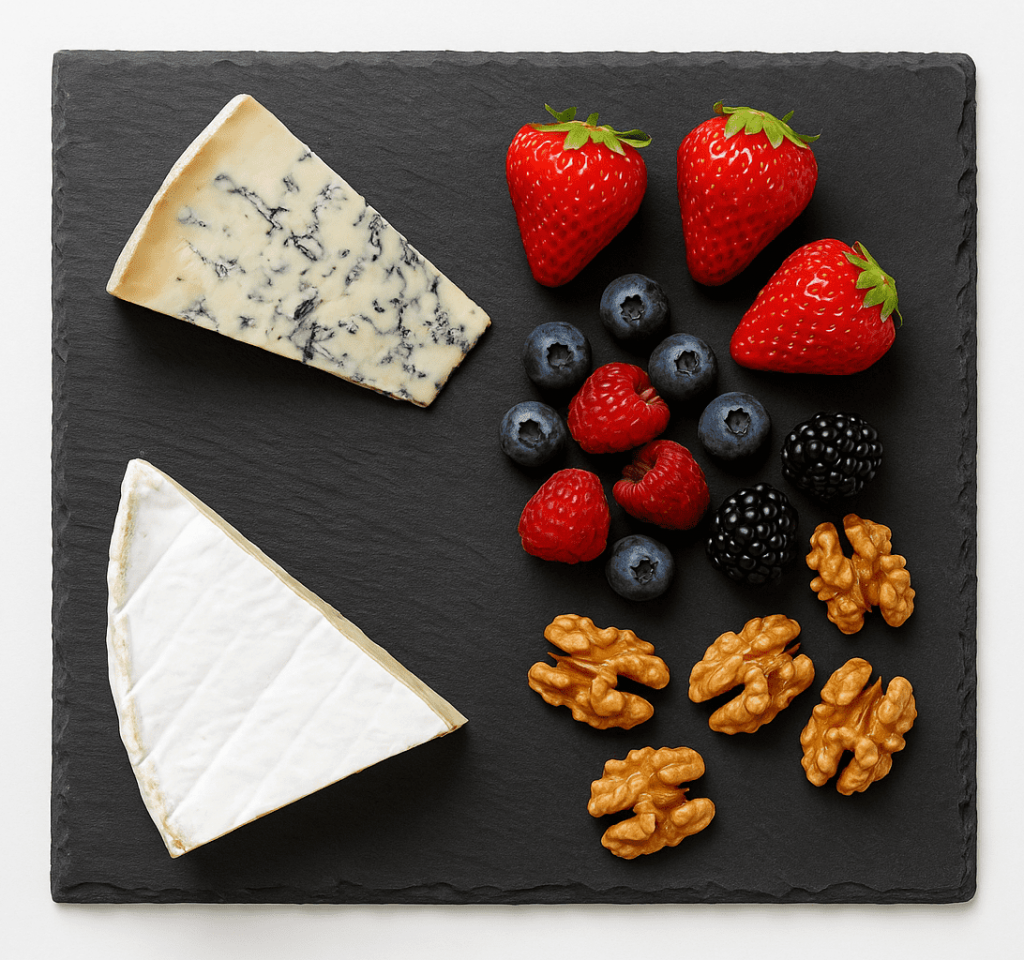 plato-cuadrado de pizarra natural de 30x30-con selección de quesos, frutos rojos y nueces, presentación gourmet para aperitivos o catas
