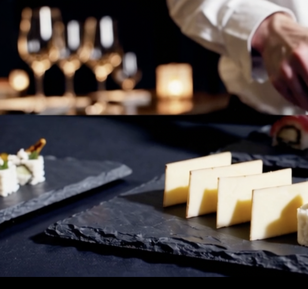Plato de pizarra natural presentado por chef con quesos y sushi