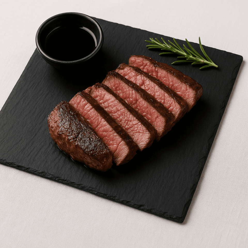 plato de pizarra natural con carne fileteada y salsa presentación gastronómica elegante