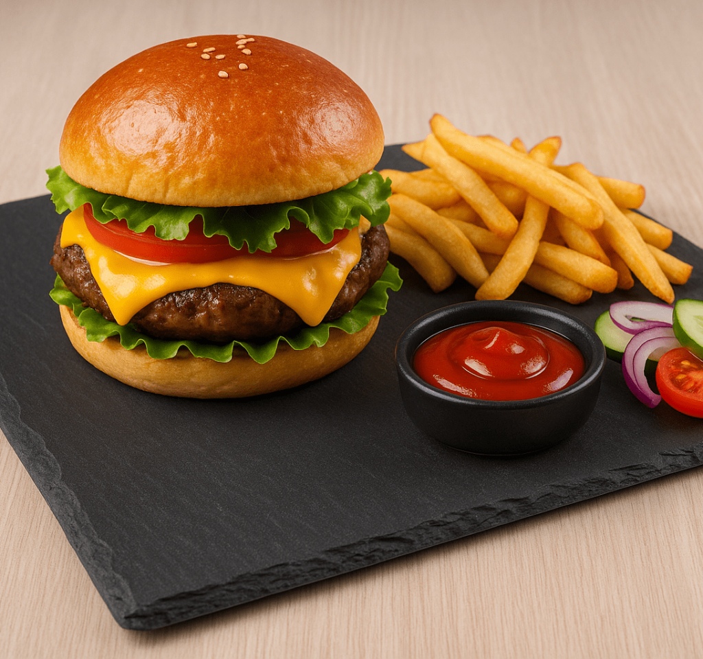 hamburguesa artesanal con guarnición servida en plato de pizarra natural rectangular sobre mesa blanca