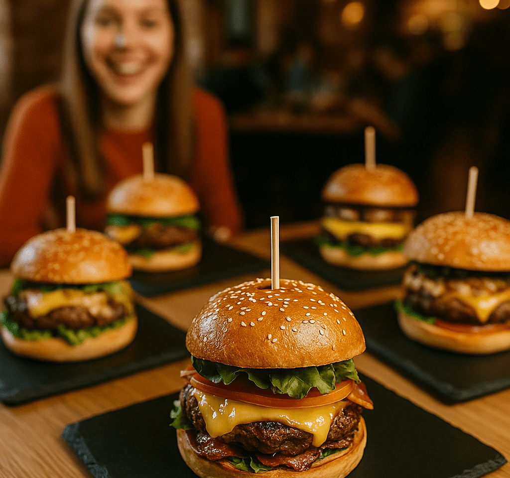 hamburguesa gourmet con pan brioche servida sobre plato de pizarra natural rectangular