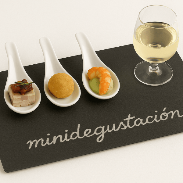 Plato de Pizarra Natural con minidesgusatación lato de pizarra natural con una minidegustación en una pizarra grabada con laser, negra y elegante