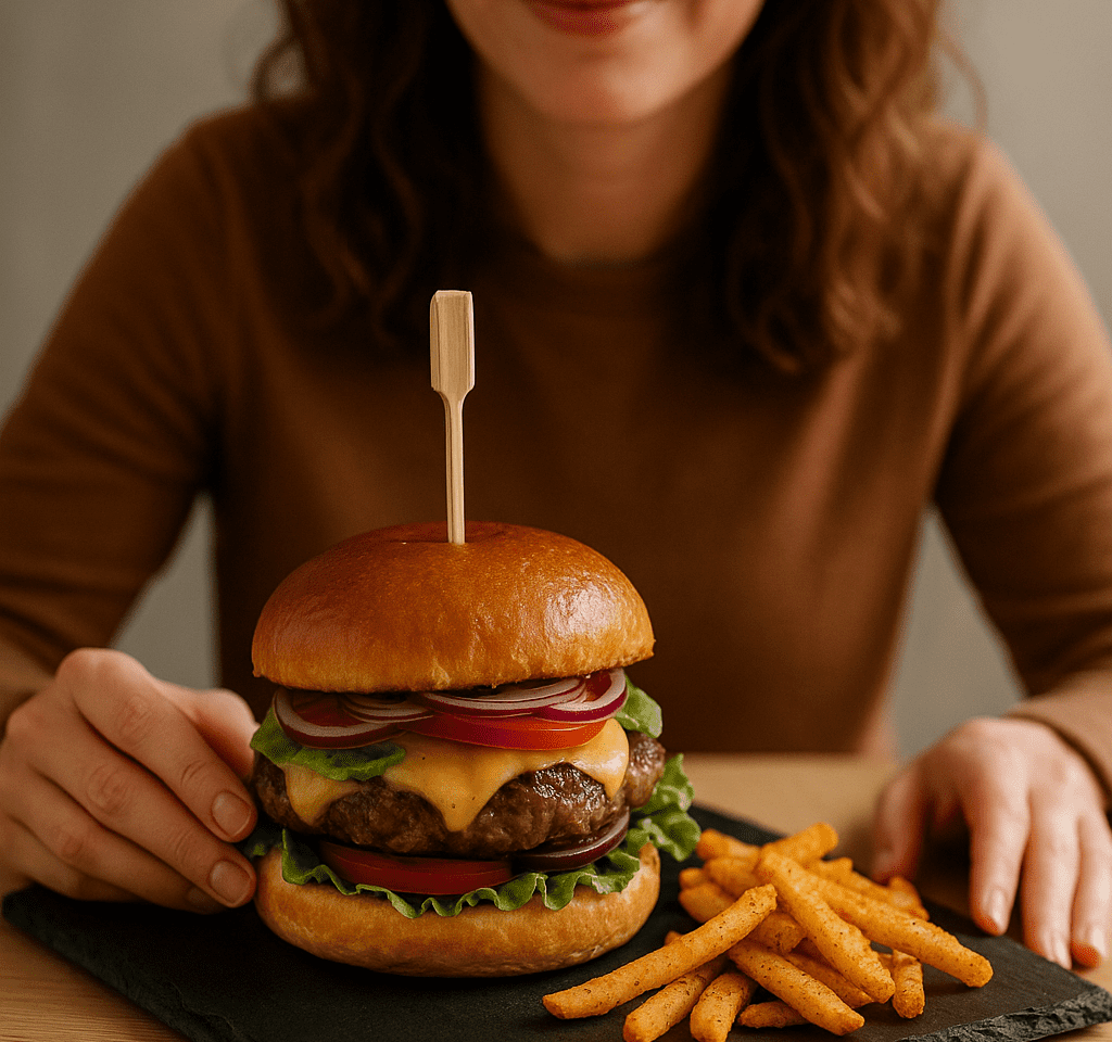 hamburguesa artesanal con guarnición servida en plato de pizarra natural rectangular sobre mesa blanca