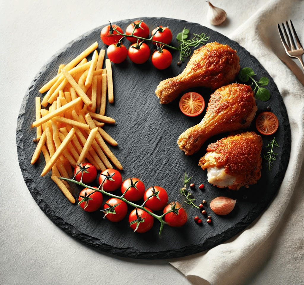 Plato de pizarra natural redondo con muslos de pollo asados patatas fritas y tomateros chrerry, destacando el negro natural de la pizarra.
