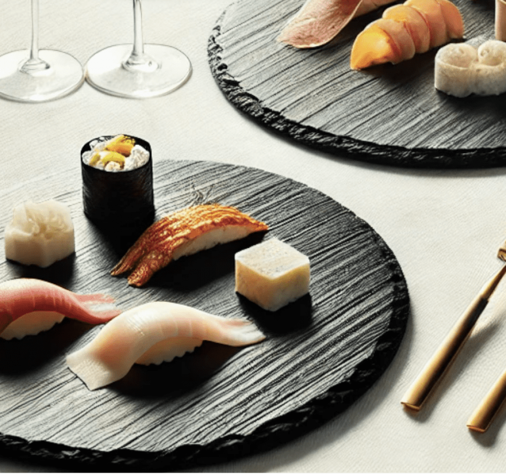 Imagen de pizarra natural redonda con sushi