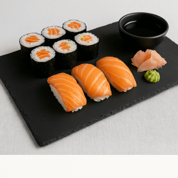 variedad de sushi servida en plato de pizarra natural destaca por su colorido