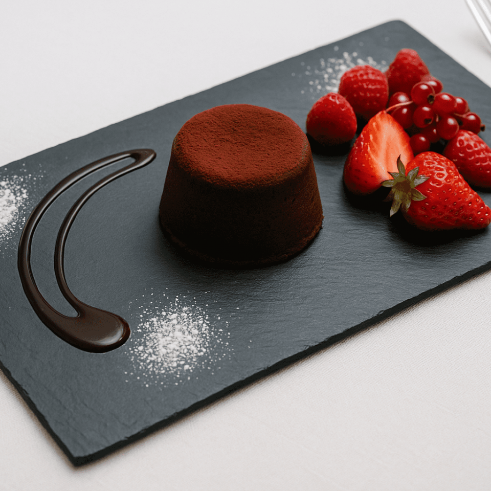 postre de chocolate con frutos rojos sobre plato de pizarra rectangular natural