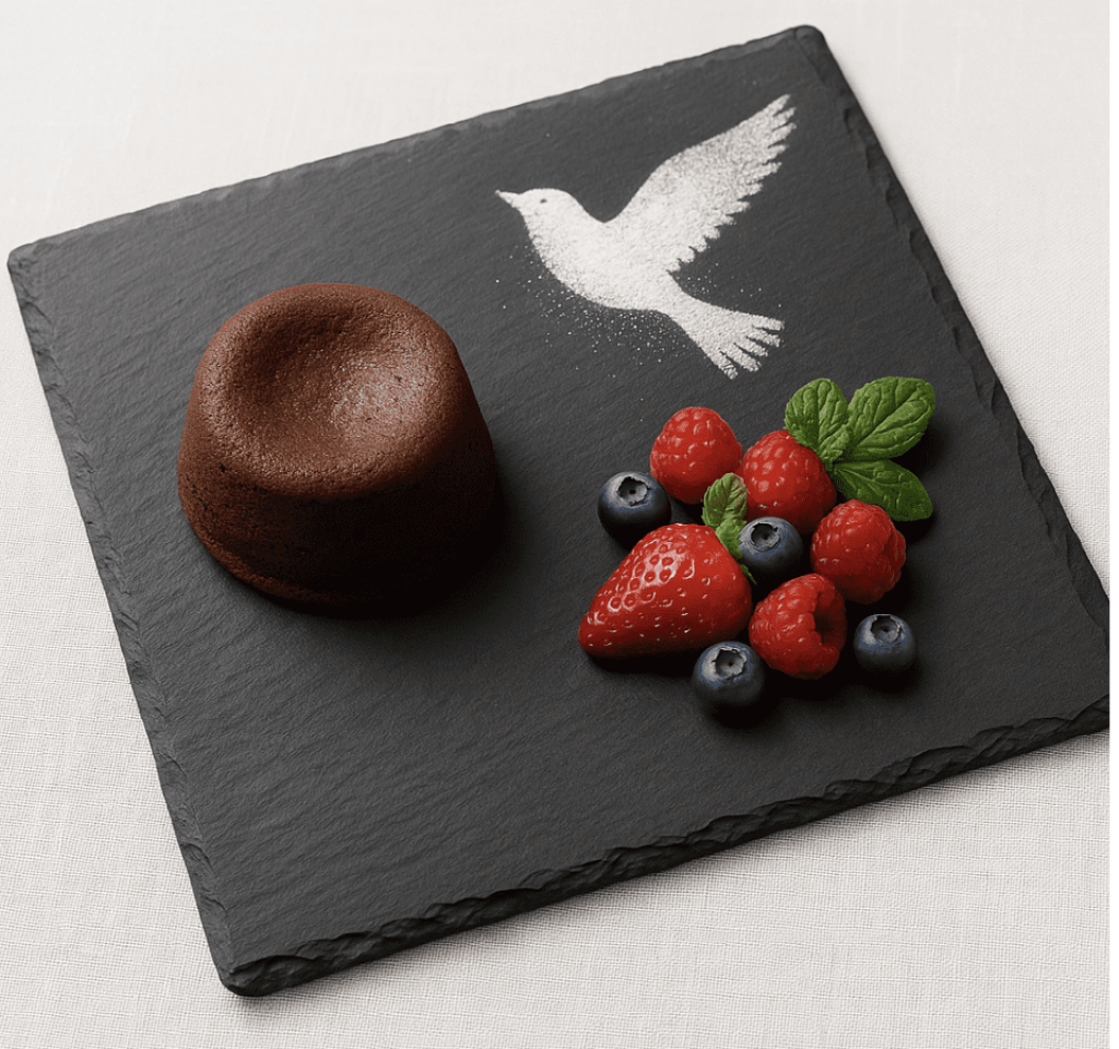 Plato de pizarra natural cuadrado presentando postre de chocolate y frutos rojos, grabación láser de una paloma