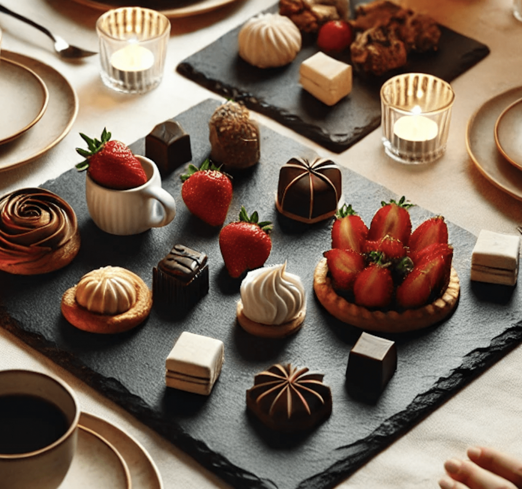 plato de pizarra natural con postres de chocolate nata y tartajea de frutos rojos