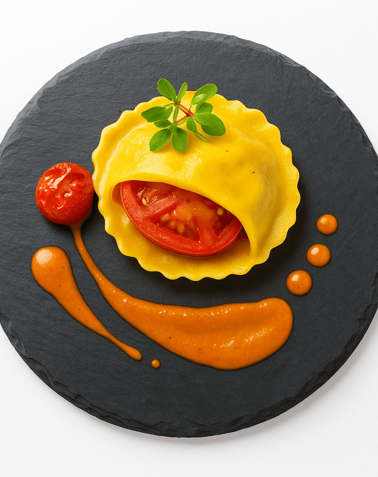 Plato redondo de pizarra natural de 20 cm con un entrante gourmet colorido y presentación elegante estilo chef.