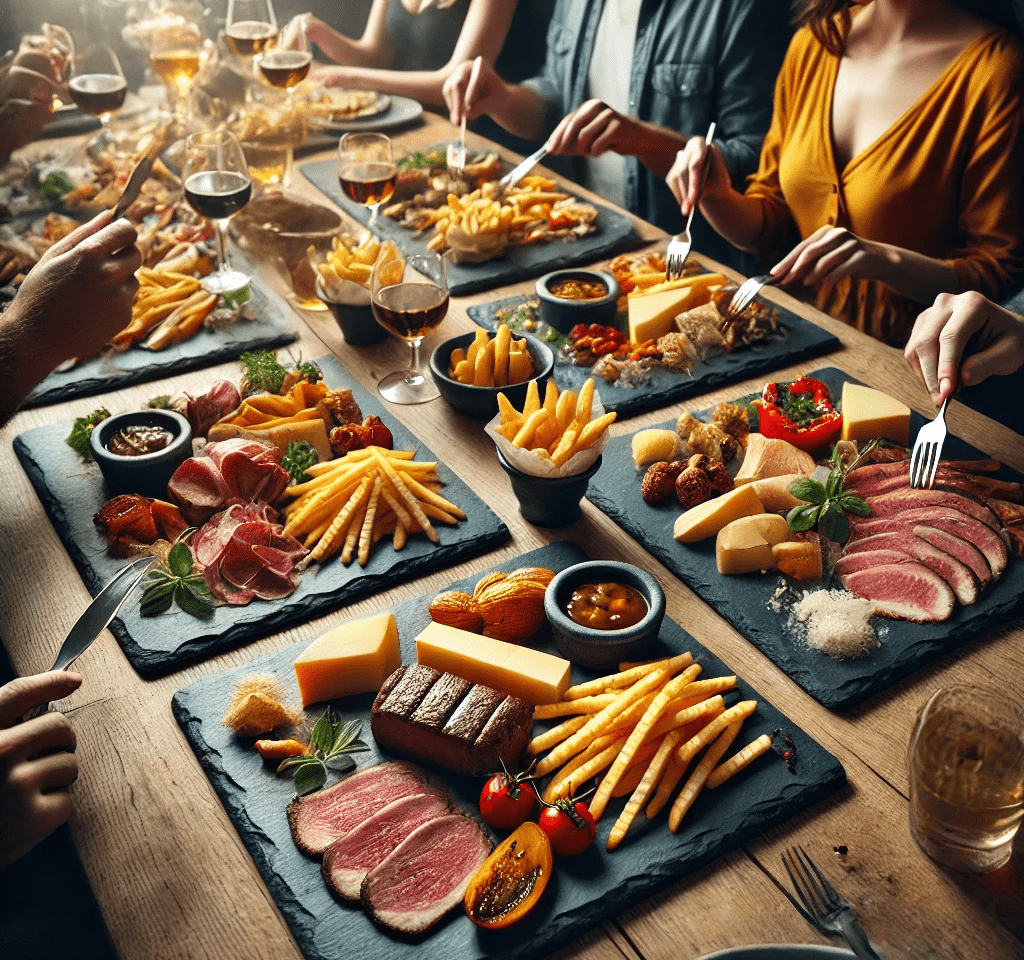 Platos cuadrados de pizarra natural de 30x30 cm en mesa compartida con carnes y patatas fritas durante una reunión o comida informal