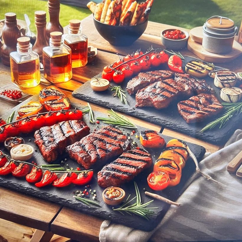 Bandeja de pizarra natural para barbacoa – Presentación elegante y funcional Bandeja de pizarra natural con carne a la brasa y verduras frescas