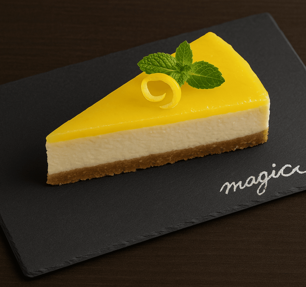 Plato de pizarra natural negro y elegante con postre de tarta de queso y mousse de mango